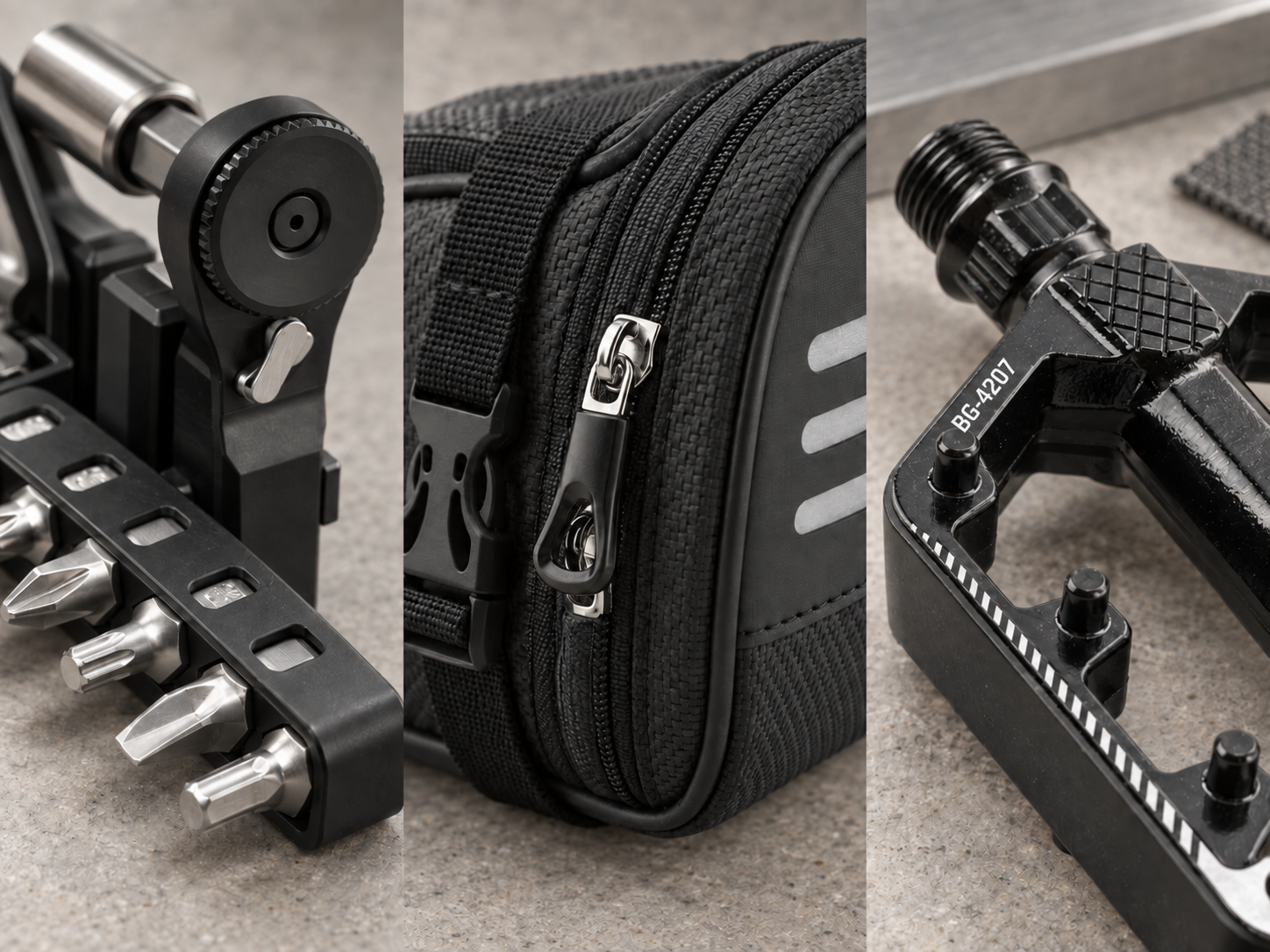 Macro material details of BENGGUO repair tool, bicycle bag and pedal