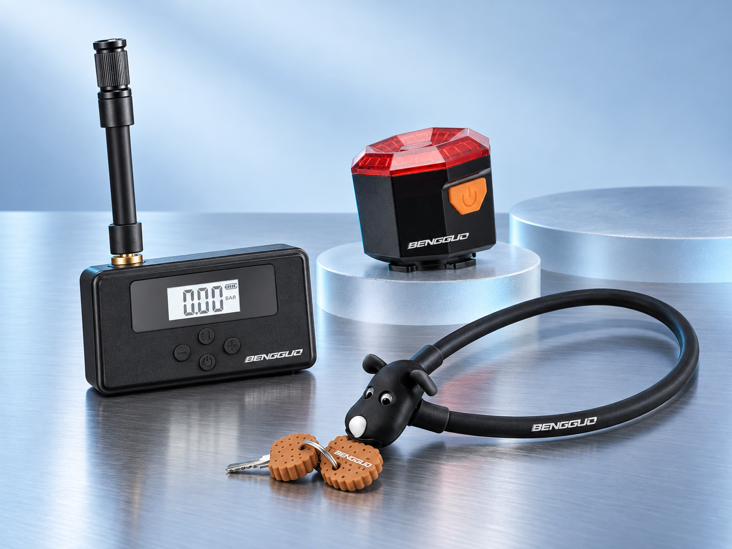 BENGGUO digital inflator, rear light and cable lock in a cool precision studio