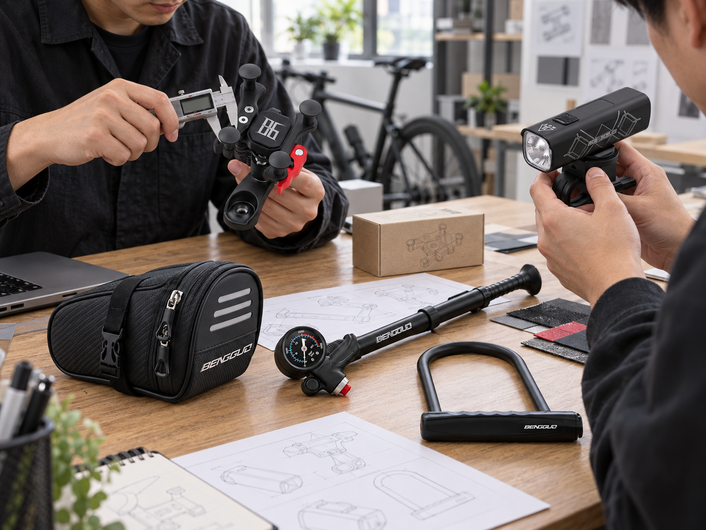 BENGGUO product team reviewing cycling accessory samples and specifications